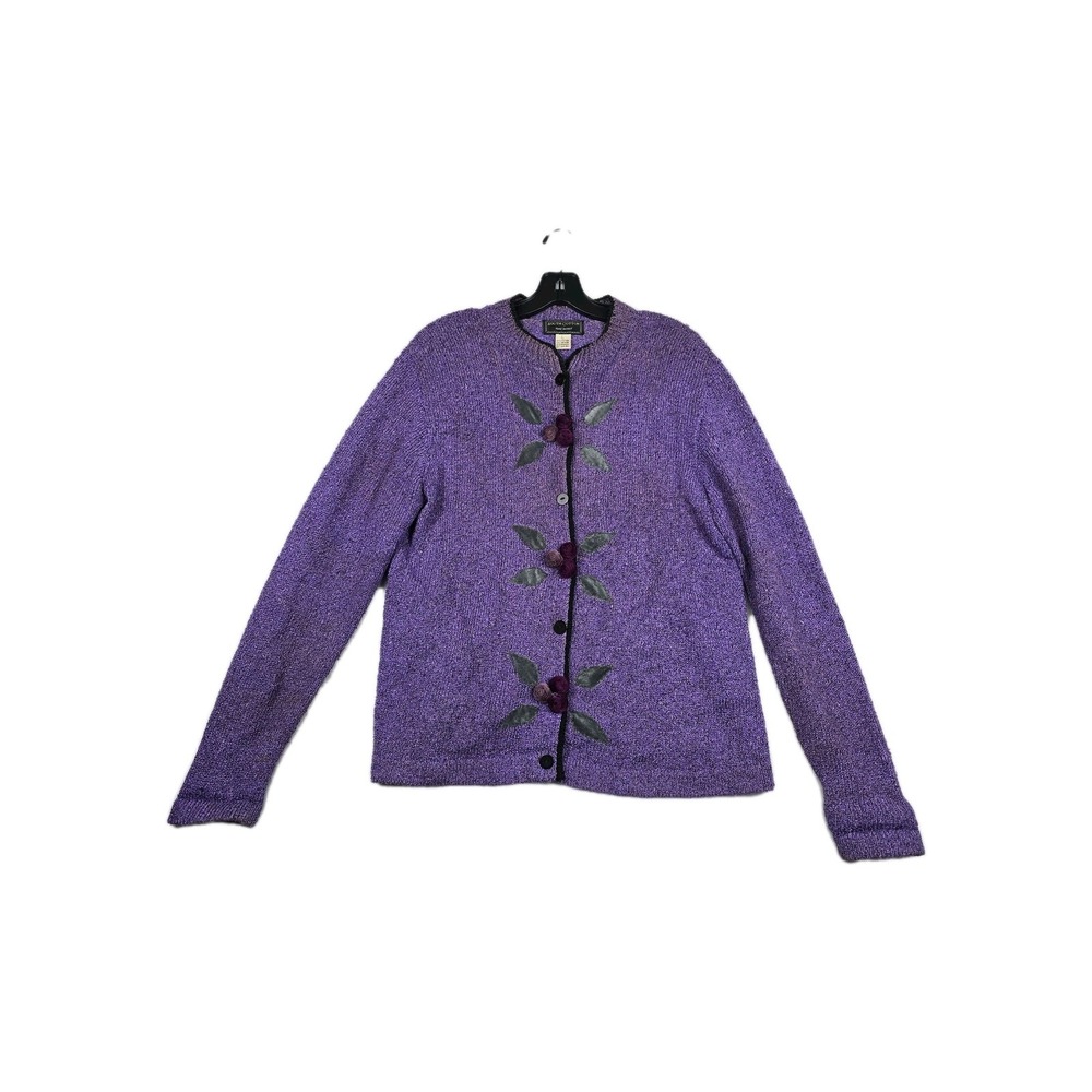 South Cotton Hand Loomed Purple Floral Rosette Cardigan Sweater Large Bolivia